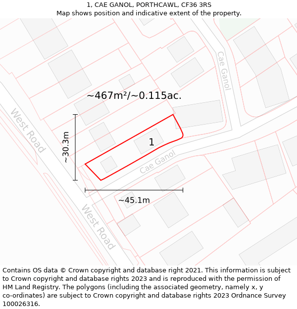 1, CAE GANOL, PORTHCAWL, CF36 3RS: Plot and title map