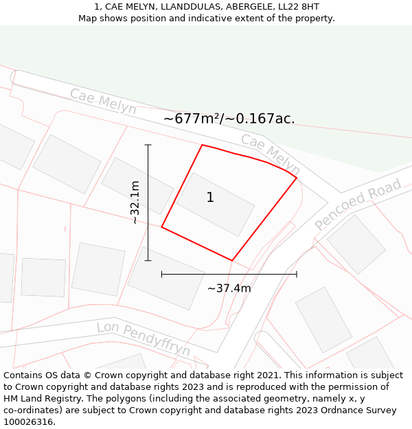 1, CAE MELYN, LLANDDULAS, ABERGELE, LL22 8HT: Plot and title map