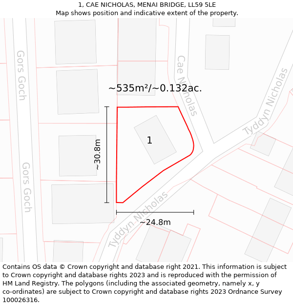 1, CAE NICHOLAS, MENAI BRIDGE, LL59 5LE: Plot and title map