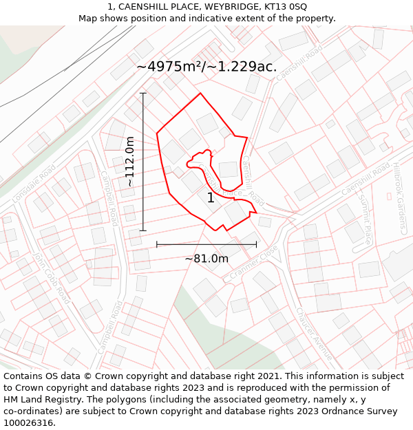 1, CAENSHILL PLACE, WEYBRIDGE, KT13 0SQ: Plot and title map