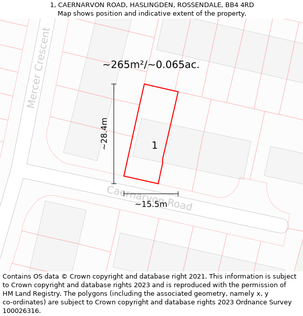 1, CAERNARVON ROAD, HASLINGDEN, ROSSENDALE, BB4 4RD: Plot and title map