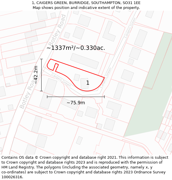 1, CAIGERS GREEN, BURRIDGE, SOUTHAMPTON, SO31 1EE: Plot and title map