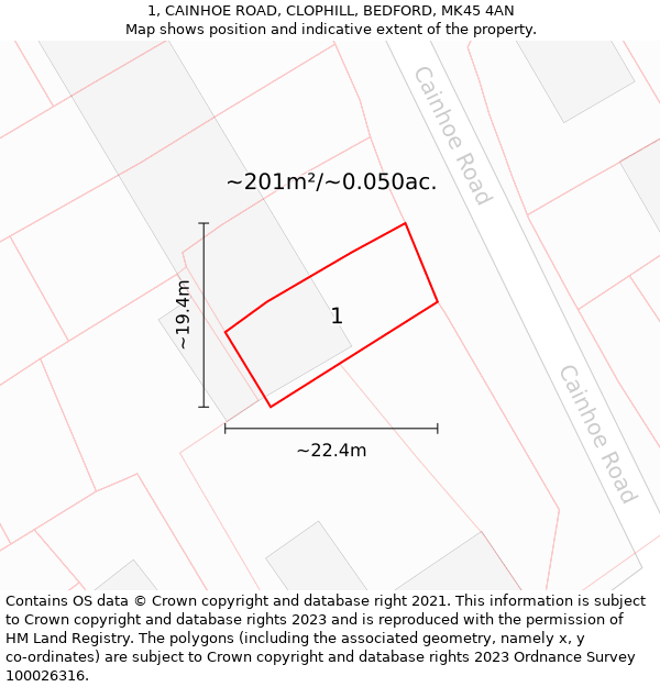 1, CAINHOE ROAD, CLOPHILL, BEDFORD, MK45 4AN: Plot and title map