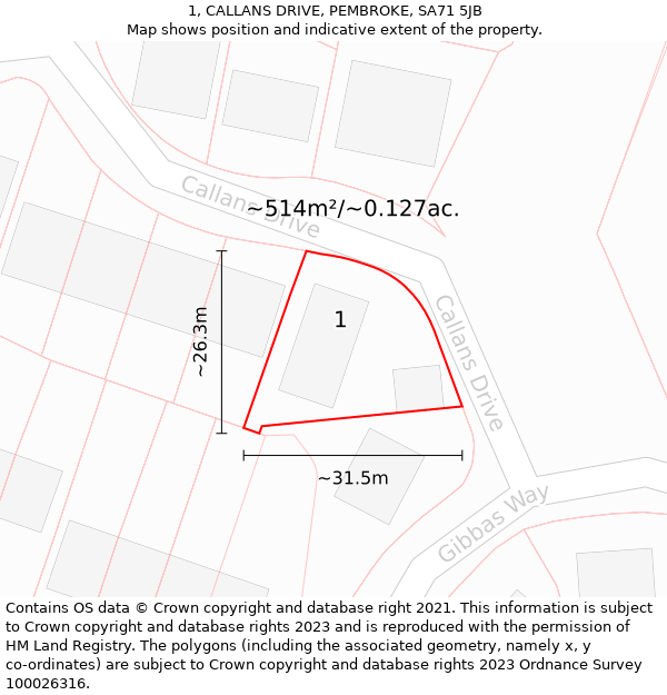 1, CALLANS DRIVE, PEMBROKE, SA71 5JB: Plot and title map