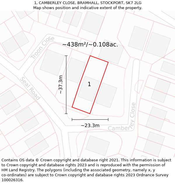 1, CAMBERLEY CLOSE, BRAMHALL, STOCKPORT, SK7 2LG: Plot and title map