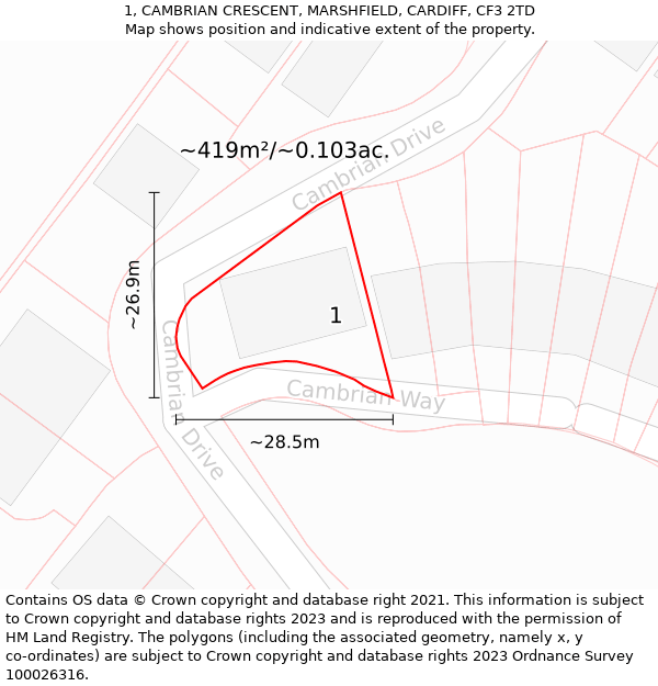 1, CAMBRIAN CRESCENT, MARSHFIELD, CARDIFF, CF3 2TD: Plot and title map