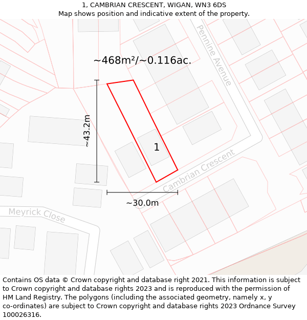 1, CAMBRIAN CRESCENT, WIGAN, WN3 6DS: Plot and title map