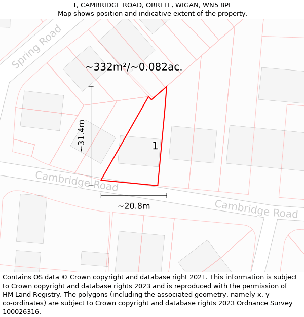 1, CAMBRIDGE ROAD, ORRELL, WIGAN, WN5 8PL: Plot and title map