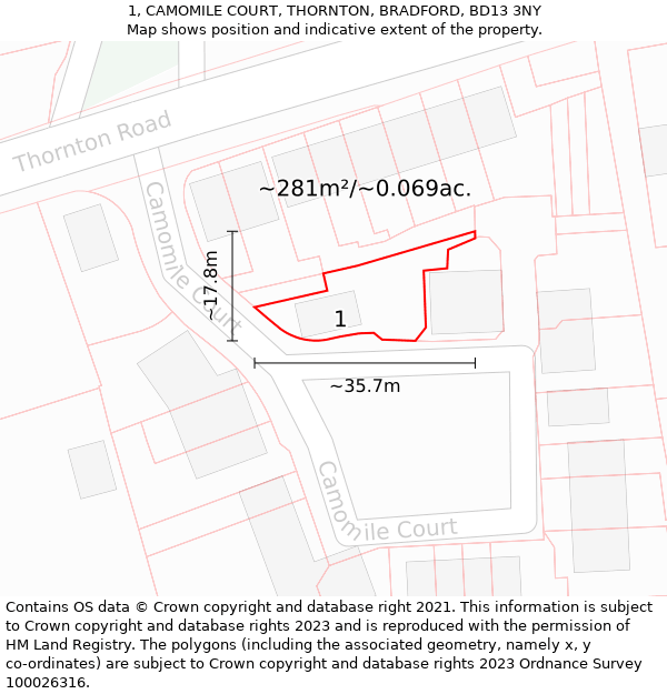 1, CAMOMILE COURT, THORNTON, BRADFORD, BD13 3NY: Plot and title map