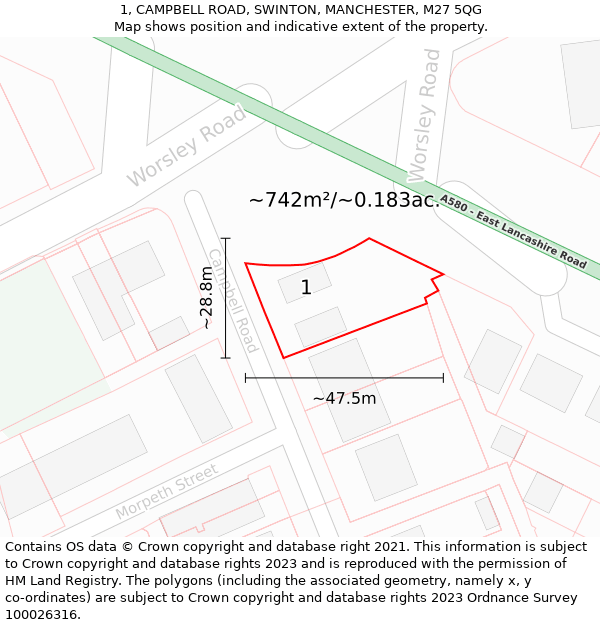 1, CAMPBELL ROAD, SWINTON, MANCHESTER, M27 5QG: Plot and title map