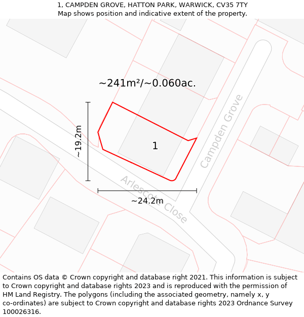 1, CAMPDEN GROVE, HATTON PARK, WARWICK, CV35 7TY: Plot and title map