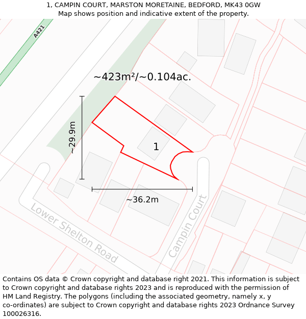 1, CAMPIN COURT, MARSTON MORETAINE, BEDFORD, MK43 0GW: Plot and title map