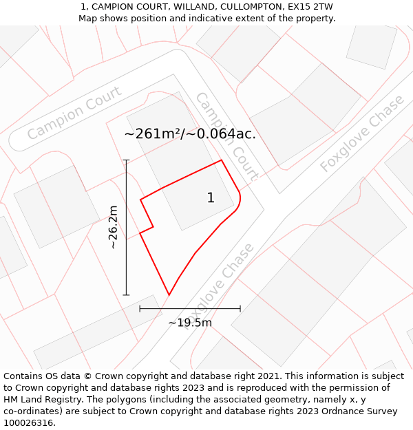 1, CAMPION COURT, WILLAND, CULLOMPTON, EX15 2TW: Plot and title map