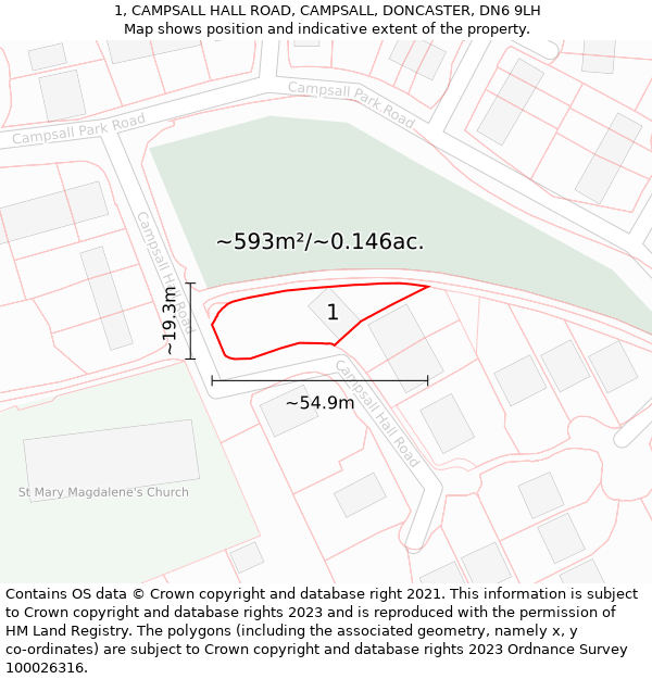 1, CAMPSALL HALL ROAD, CAMPSALL, DONCASTER, DN6 9LH: Plot and title map