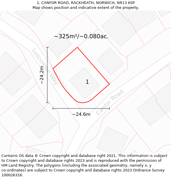 1, CANFOR ROAD, RACKHEATH, NORWICH, NR13 6SP: Plot and title map