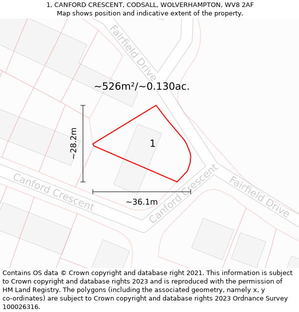 1, CANFORD CRESCENT, CODSALL, WOLVERHAMPTON, WV8 2AF: Plot and title map