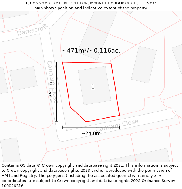 1, CANNAM CLOSE, MIDDLETON, MARKET HARBOROUGH, LE16 8YS: Plot and title map