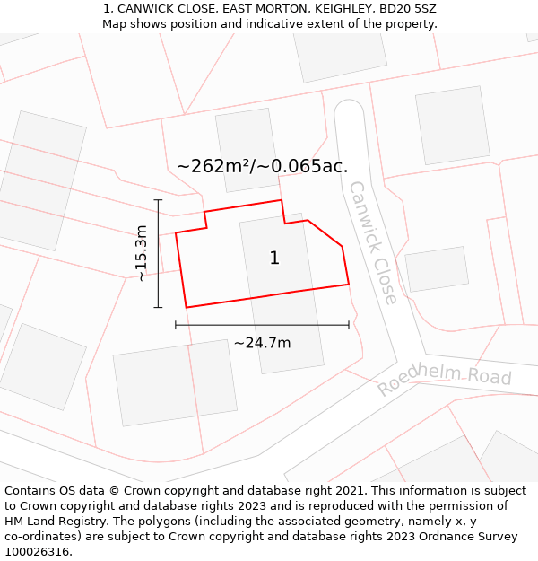 1, CANWICK CLOSE, EAST MORTON, KEIGHLEY, BD20 5SZ: Plot and title map