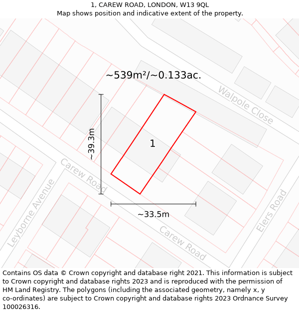 1, CAREW ROAD, LONDON, W13 9QL: Plot and title map