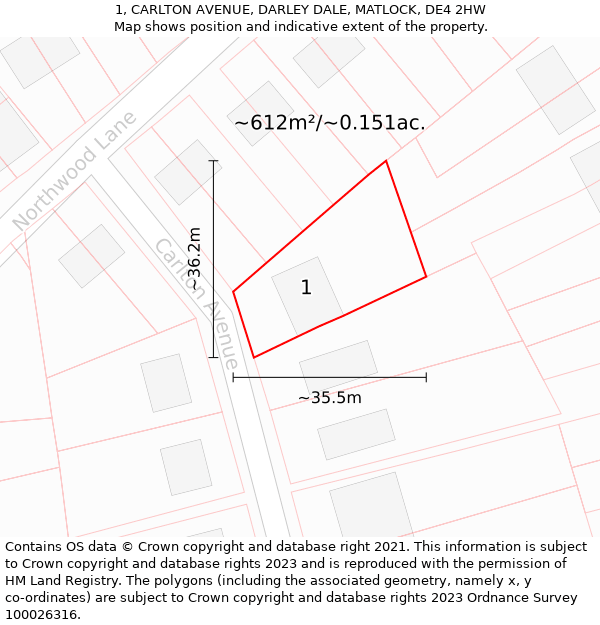 1, CARLTON AVENUE, DARLEY DALE, MATLOCK, DE4 2HW: Plot and title map