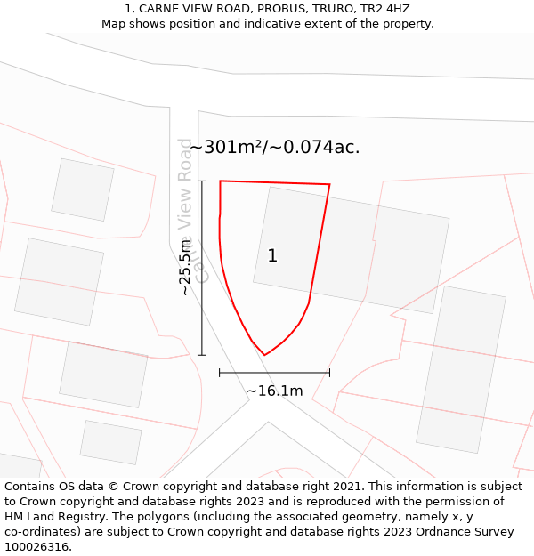 1, CARNE VIEW ROAD, PROBUS, TRURO, TR2 4HZ: Plot and title map