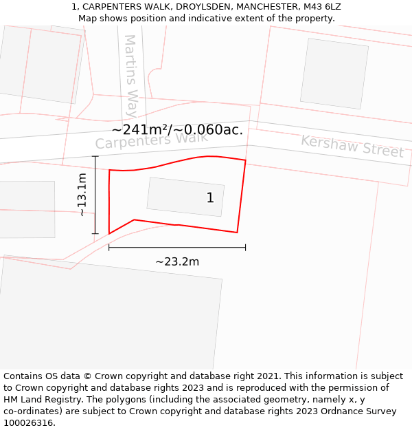 1, CARPENTERS WALK, DROYLSDEN, MANCHESTER, M43 6LZ: Plot and title map