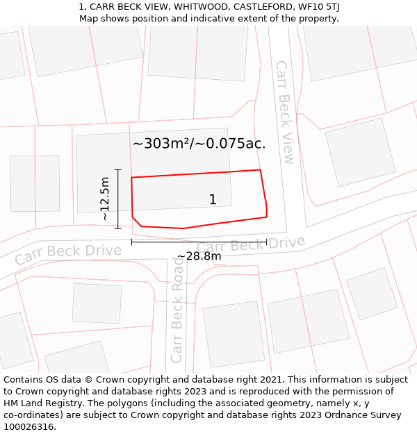 1, CARR BECK VIEW, WHITWOOD, CASTLEFORD, WF10 5TJ: Plot and title map