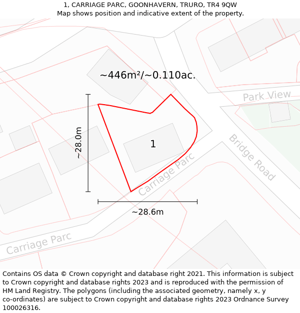 1, CARRIAGE PARC, GOONHAVERN, TRURO, TR4 9QW: Plot and title map