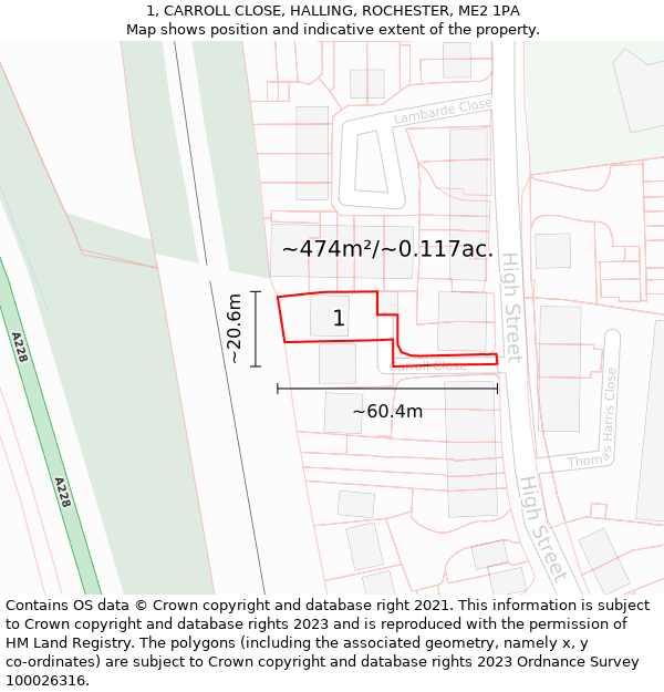 1, CARROLL CLOSE, HALLING, ROCHESTER, ME2 1PA: Plot and title map