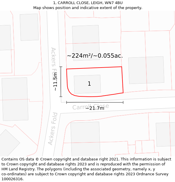 1, CARROLL CLOSE, LEIGH, WN7 4BU: Plot and title map