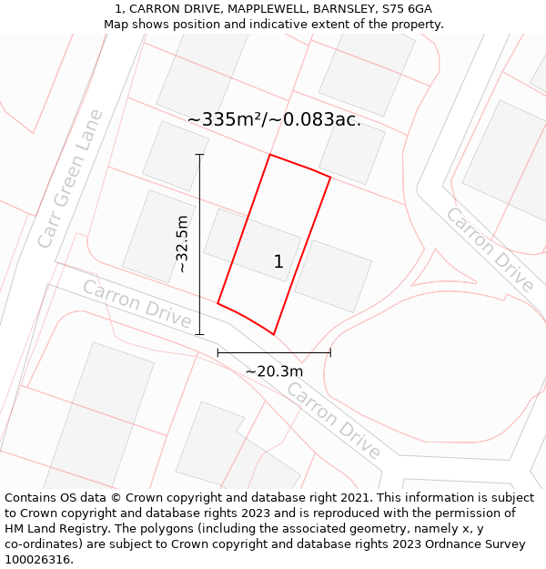 1, CARRON DRIVE, MAPPLEWELL, BARNSLEY, S75 6GA: Plot and title map