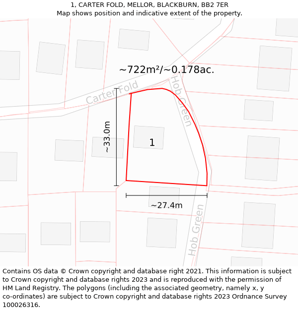 1, CARTER FOLD, MELLOR, BLACKBURN, BB2 7ER: Plot and title map