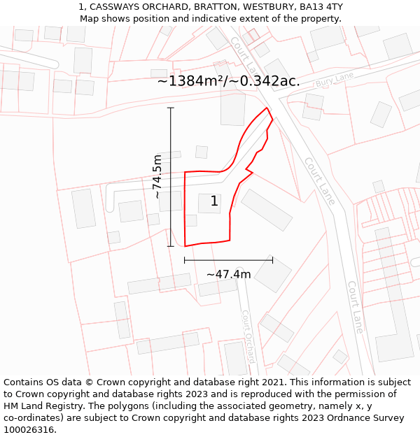 1, CASSWAYS ORCHARD, BRATTON, WESTBURY, BA13 4TY: Plot and title map