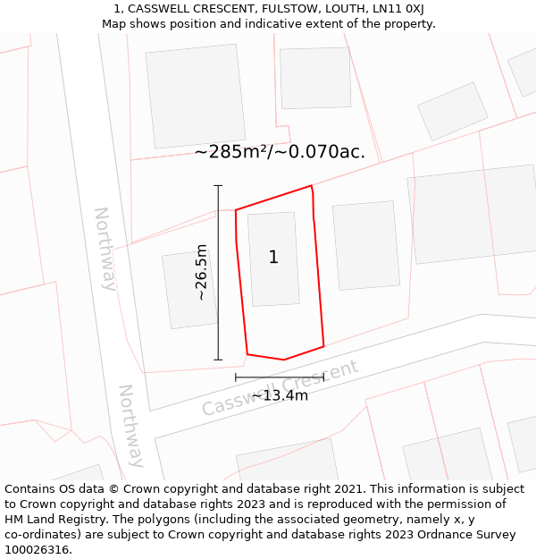 1, CASSWELL CRESCENT, FULSTOW, LOUTH, LN11 0XJ: Plot and title map