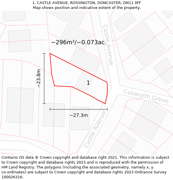 1, CASTLE AVENUE, ROSSINGTON, DONCASTER, DN11 0FF: Plot and title map