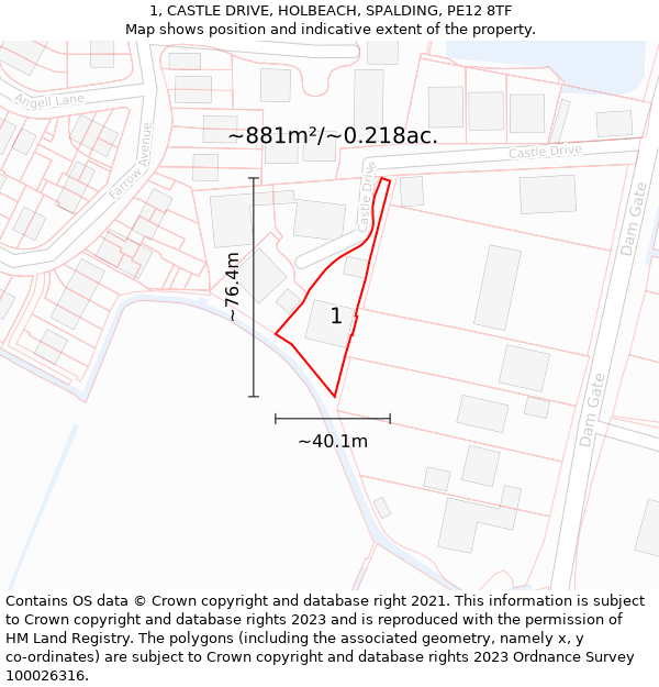 1, CASTLE DRIVE, HOLBEACH, SPALDING, PE12 8TF: Plot and title map