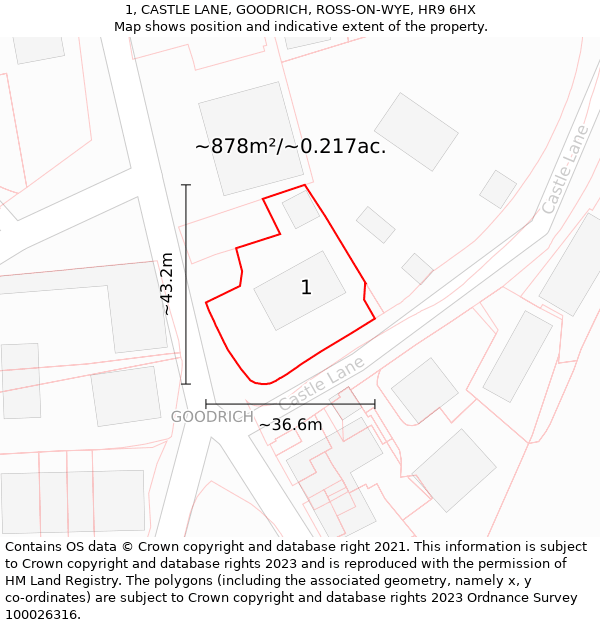 1, CASTLE LANE, GOODRICH, ROSS-ON-WYE, HR9 6HX: Plot and title map