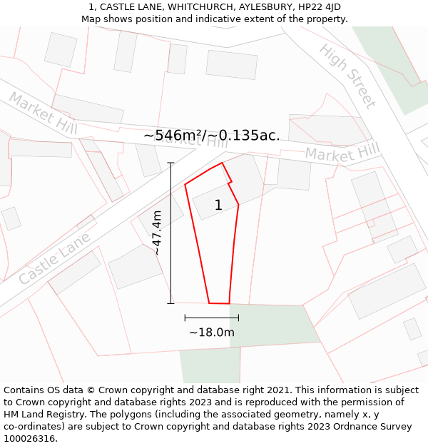 1, CASTLE LANE, WHITCHURCH, AYLESBURY, HP22 4JD: Plot and title map