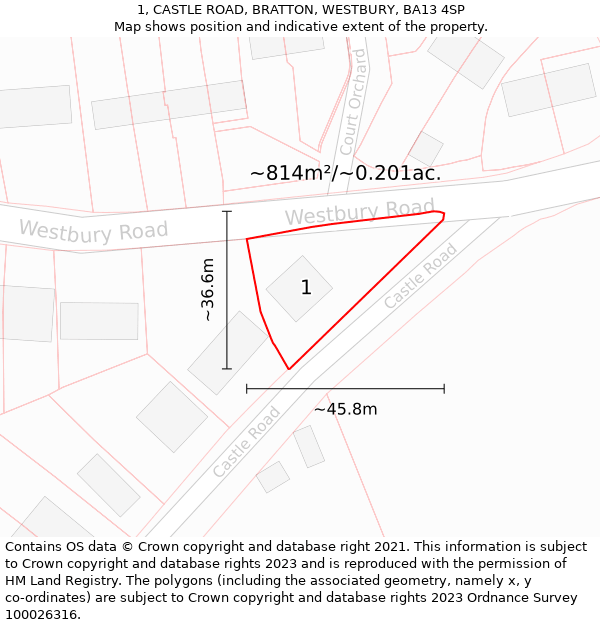 1, CASTLE ROAD, BRATTON, WESTBURY, BA13 4SP: Plot and title map