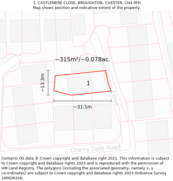 1, CASTLEMERE CLOSE, BROUGHTON, CHESTER, CH4 0FH: Plot and title map