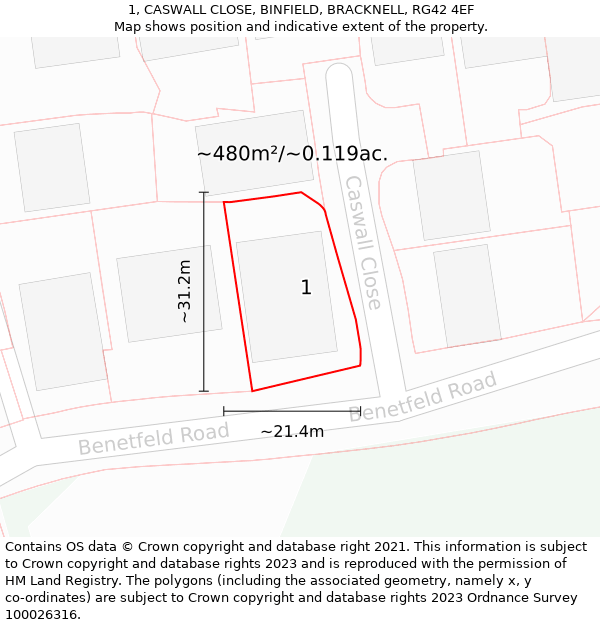 1, CASWALL CLOSE, BINFIELD, BRACKNELL, RG42 4EF: Plot and title map