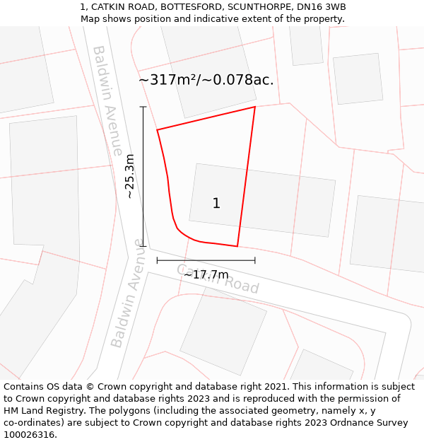 1, CATKIN ROAD, BOTTESFORD, SCUNTHORPE, DN16 3WB: Plot and title map