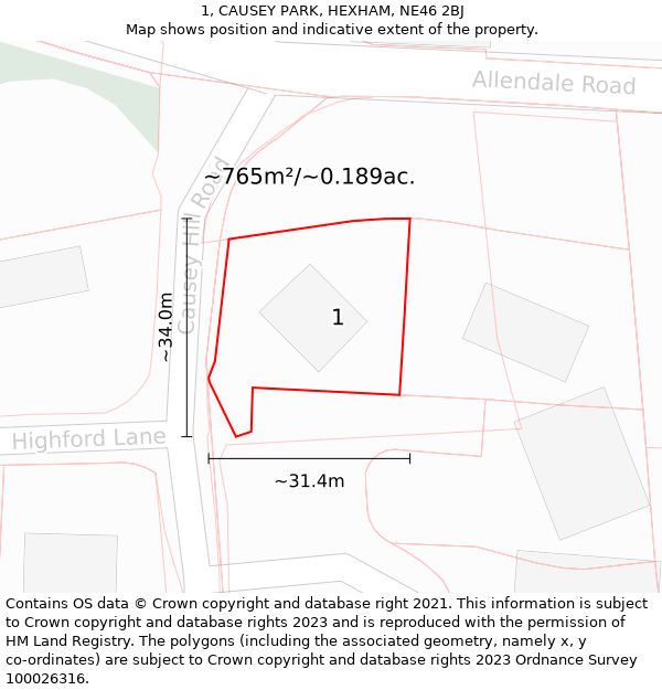 1, CAUSEY PARK, HEXHAM, NE46 2BJ: Plot and title map