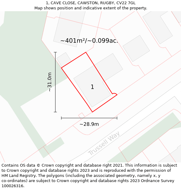 1, CAVE CLOSE, CAWSTON, RUGBY, CV22 7GL: Plot and title map