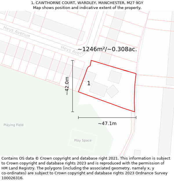 1, CAWTHORNE COURT, WARDLEY, MANCHESTER, M27 9GY: Plot and title map