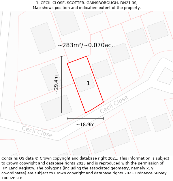 1, CECIL CLOSE, SCOTTER, GAINSBOROUGH, DN21 3SJ: Plot and title map