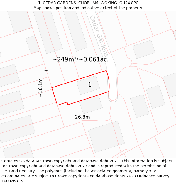 1, CEDAR GARDENS, CHOBHAM, WOKING, GU24 8PG: Plot and title map