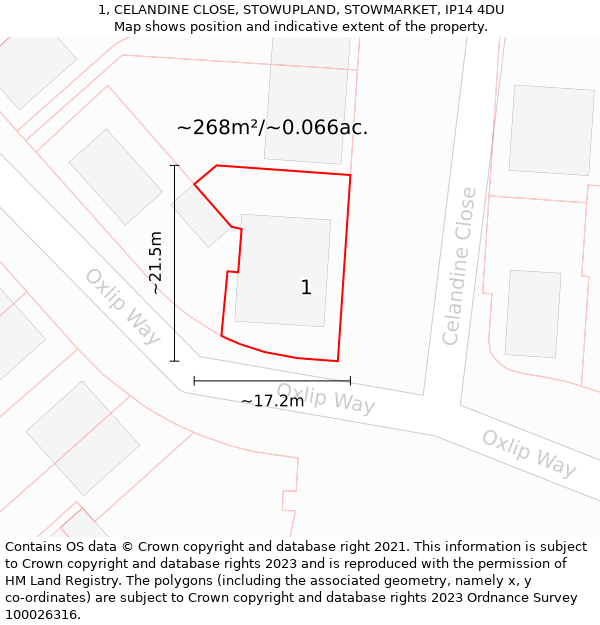 1, CELANDINE CLOSE, STOWUPLAND, STOWMARKET, IP14 4DU: Plot and title map