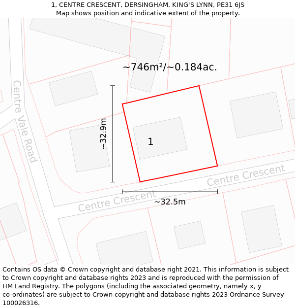 1, CENTRE CRESCENT, DERSINGHAM, KING'S LYNN, PE31 6JS: Plot and title map