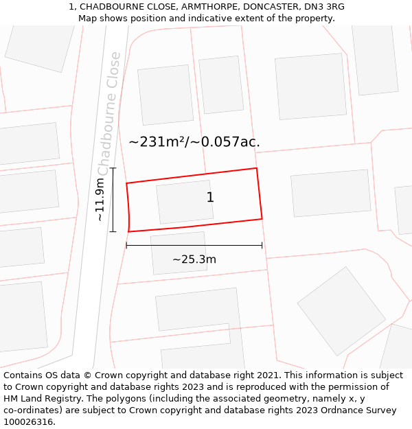 1, CHADBOURNE CLOSE, ARMTHORPE, DONCASTER, DN3 3RG: Plot and title map